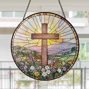 Cross Sunset Window Glass, Stained Glass Cross And Wildflowers Suncatcher, Suncatcher Window Hanging, Christian Cross Windows Hanging