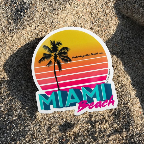 Autocollant imperméable en vinyle rétro Miami Beach | Autocollants Floride | Autocollants Miami | Autocollants de plage | Stickers bouteille d'eau | Autocollants de voyage
