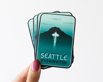 Retro Seattle Sticker: Space Needle & Mt. Rainier, Waterproof Vinyl