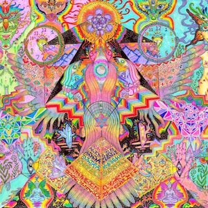 May include: A vibrant, psychedelic art print featuring a central figure with outstretched wings, surrounded by colorful geometric patterns, clocks, and fantastical creatures. The artwork uses a wide array of colors, including pink, blue, green, and yellow.