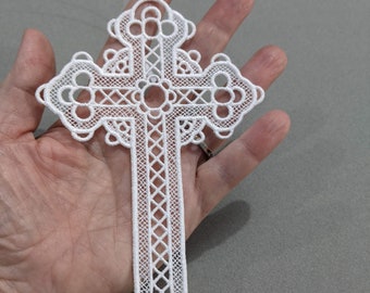 Freestanding Lace Cross Ornament - Elegant White Embroidered Religious Keepsake and Christian Gift