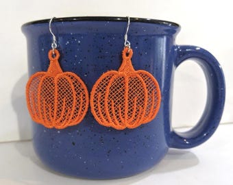 Embroidered Pumpkin Earrings, Halloween Lace Lightweight Dangle Earrings, Fall Autumn Jewelry, Hypoallergenic Gold Silver, Custom Color Gift