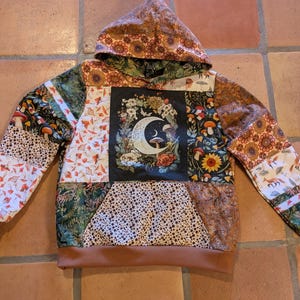 Upcycled Patchwork Hoodie with Mushroom Moon Graphic, Flannel Lined Cottagecore Pullover, Handmade Boho Mushroom Harvest Sweatshirt Size M/L