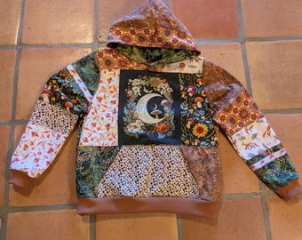 Sudadera con capucha de patchwork reciclado con estampado de luna y setas, jersey estilo cottagecore forrado de franela, sudadera boho hecha a mano con estampado de cosecha de setas, talla M/L