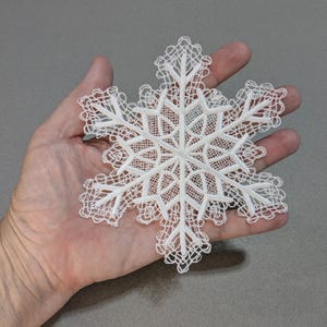 May include: A white, intricately designed snowflake made of lace. The snowflake is held in a hand, showcasing its delicate details and openwork pattern. The snowflake's diameter is approximately 10 cm.