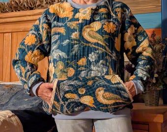 Handmade Floral Cotton Sweatshirt, Crewneck, Pouch Pocket and Crochet Lace Trim, Upcycled Blanket L