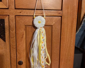 Ceramic Daisy Flower Ribbon Tassel, Door Hanger, Yellow White Nursery Decor, Girls Room Cabinet Knob Charm, Floral Mixed Media Accent