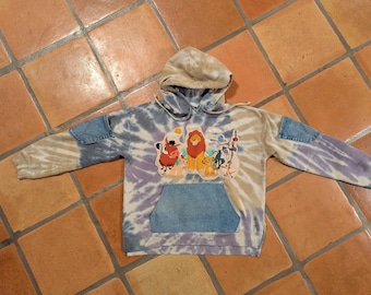 One of a Kind, Remade Tie Dye Hoodie: Upcycled Denim Pockets, Lion Patch, Large