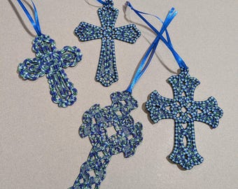 Embroidered FSL Lace Cross Ornament - Blue Green Variegated Easter Decor - 4 Styles Available