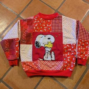 Patchwork Quilted Cartoon Dog Heavyweight Sweatshirt, Medium/Large, Handmade with New Fabrics, Fun Camping or Hiking Shirt, Gift for Mom