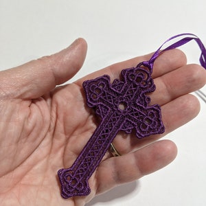 Embroidered Lace Cross: Purple Bible Bookmark, Ornament, Car Charm