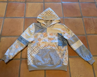 Pastel Fall Patchwork Hoodie, Custom Blue Cream Pumpkin Pullover, Soft Flannel Lined Sweatshirt, Handmade Autumn Cottagecore Boho Hoodie, M