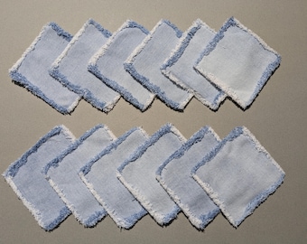 Upcycled Denim Coasters Set of 12, Frayed Edge Jean Drink Mats, 5x5 Square Rustic Farmhouse Mug Rugs, Eco Friendly Housewarming Gift