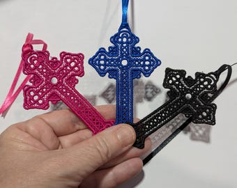 Embroidered Lace Cross Bookmark: Choose Your Color, Ornament Charm