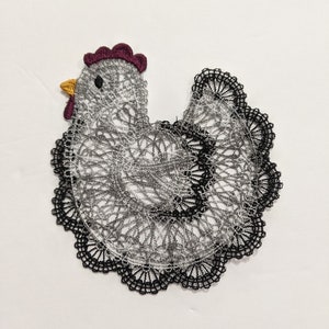 Embroidered Chicken Doily: Gray & White Hen Ornament, Bookmark
