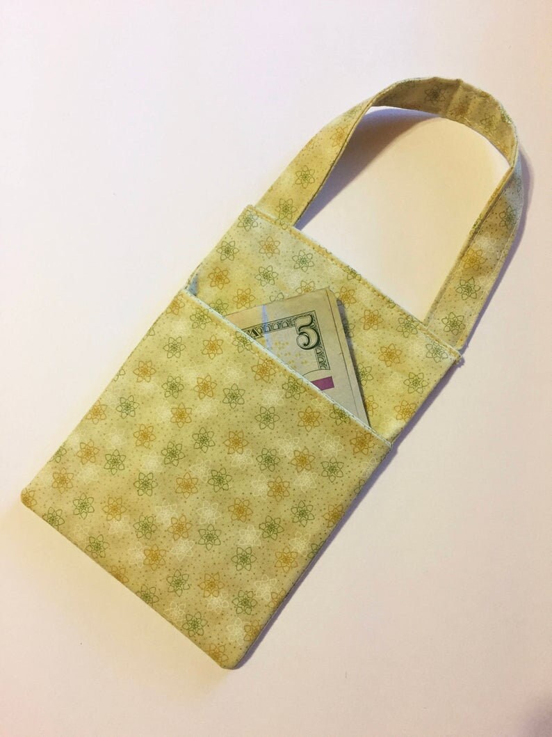 Light Green Leaves or Foliage with Metalic Flowers Pocket Door Knob Pouch with a Hanging Loop Cell Phone Charging Pocket