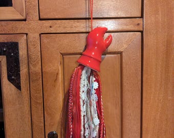 Lobster Claw Ribbon Tassel Door Hanger, Red Ceramic Nautical Kitchen Decor, Coastal BBQ Patio Charm, Seafood Boil Accent, Summer Gift