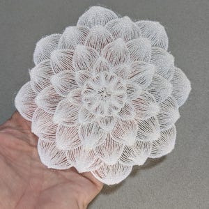 May include: A white, flower-shaped decorative item with a detailed design. The object has many petals radiating from the centre. It is held in a hand against a neutral grey background. The flower appears to be made of a fine, textured material.
