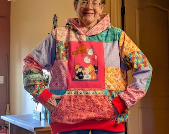Handmade Patchwork Cat Hoodie XL – Upcycled Graphic Sweatshirt, Flannel Lined, Hood and Pouch Pocket