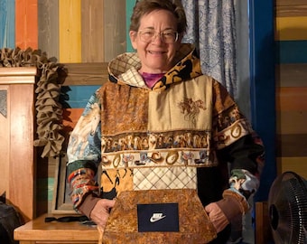 Horse Upcycled One of a Kind Patchwork Hoodie – Flannel Lined Western Equestrian Sweatshirt, L-XL