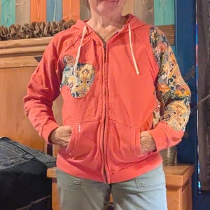 Upcycled Salmon Pink Zippered Hoodie L/XL, Boho Woven Blanket Patchwork Sweatshirt, Floral Bird Cutouts, One of a Kind Wearable Art