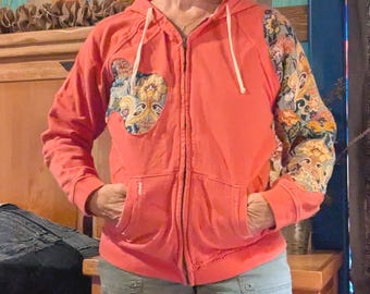 Upcycled Salmon Pink Zippered Hoodie L/XL, Boho Woven Blanket Patchwork Sweatshirt, Floral Bird Cutouts, One of a Kind Wearable Art