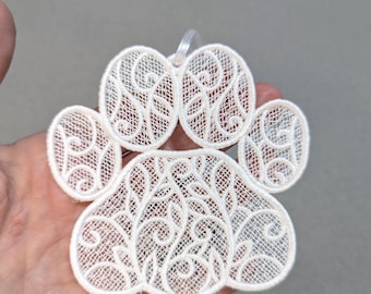 Freestanding Lace Cat Paw Ornament - White Embroidered Kitten Keepsake and Cat Lover Gift