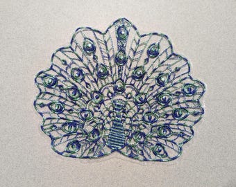 Peacock Embroidered Organza Doily, Lace Coaster, Bird FSL Candle Mat, Elegant Bird Table Decor, Bridal Applique Embellishment,
