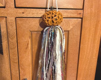 Filigree Pumpkin Ribbon Tassel Door Hanger, Halloween Autumn Decor, Cutout Pumpkin Bag Charm, Mixed Media Ribbon Tassel, Fall Welcome Gift