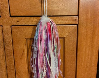 Pink Purple Mixed Media Ribbon Tassel Door Hanger, Boho Faux Fur Fiber Bag Charm, Pastel Velvet Lace Knob Accent, Whimsical Gift