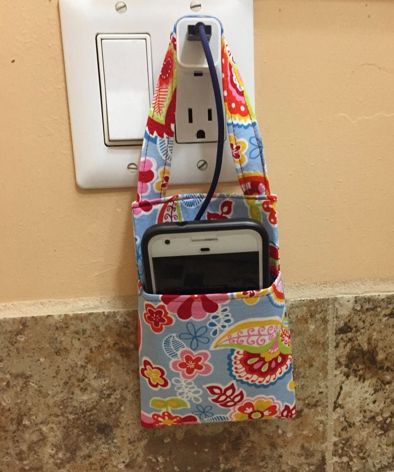 Light Green Leaves or Foliage with Metalic Flowers Pocket Door Knob Pouch with a Hanging Loop Cell Phone Charging Pocket
