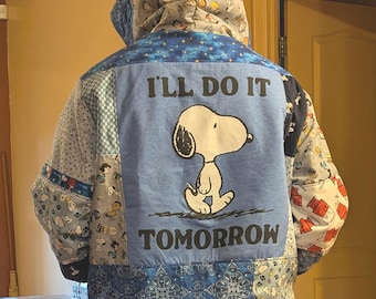 Cozy "I'll Do It Tomorrow" Fleece-Lined, One of a Kind Patchwork Sweatshirt - Blue & Gray, L/XL