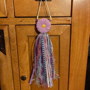 Ceramic Purple Flower Ribbon Tassel Door Hanger, Lavender Nursery Decor, Girls Room Cabinet Knob Charm, Floral Mixed Media Accent, Baby Gift