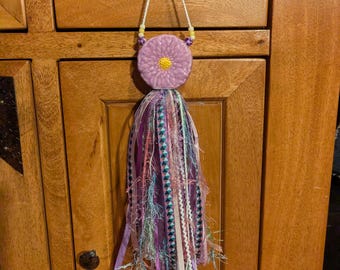 Ceramic Purple Flower Ribbon Tassel Door Hanger, Lavender Nursery Decor, Girls Room Cabinet Knob Charm, Floral Mixed Media Accent, Baby Gift