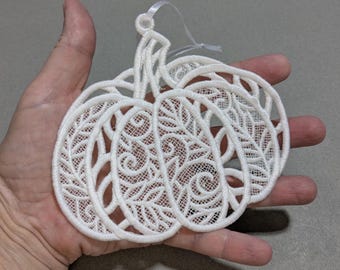 Pumpkin Ornament, Free Standing Lace Pumpkin, FSL Fall Decor, Rearview Mirror Charm, Autumn Gift Tag, Thanksgiving Lace