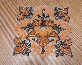 Pumpkin Embroidered Doily: Organza Autumn Candle Mat, Ornament or Car Charm