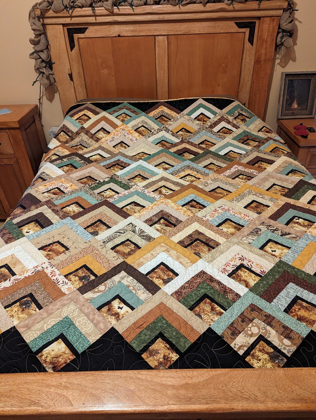 Woodland Log Cabin Style Quilt Natural Colors Blanket Browns Quilted