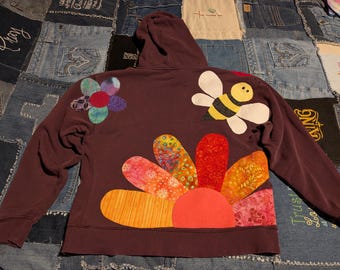Upcycled Champion Hoodie with Floral and Insect Applique | Oversized Small Handcrafted Sweatshirt, Bee Dragonfly Ladybug Nature Art Wear