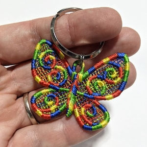 Rainbow Butterfly Keychain, Bag Charm, Zipper Pull, Variegated or Stained Glass Embroidered Butterfly, Lace Key Ring, 2 1/2&quot; x 1 1/2&quot;