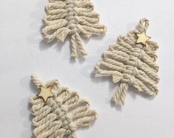 Set of 3 Macrame Christmas Tree Ornaments or Charms out of Natural Cotton Cord and Wooden Stars- 4" Long