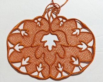 Embroidered Pumpkin Ornament, Free Standing Lace Pumpkin, FSL Leaf Silhouette Decor, Fall Mirror Charm, Autumn Gift Tag, Thanksgiving Lace