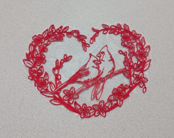 Embroidered Lace Heart Doilies, Cardinal Bee Chickadee Organza Appliques, Floral Bird Textile Art