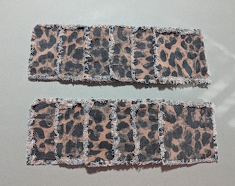 Upcycled Cheetah Denim Coaster Set of 12, Leopard Frayed Edge Mug Rugs, Boho Candle Mats, Animal Print Cloth Drink Coasters 5x5