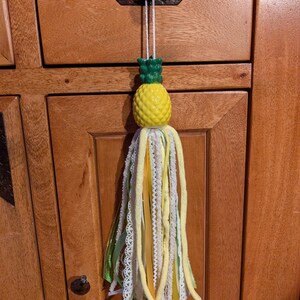 Upcycled Pineapple Ribbon Tassel Door Hanger, Ceramic Tropical Bag Charm, Summer Home Decor, Mixed Media Ribbon Garland accent