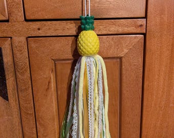 Upcycled Pineapple Ribbon Tassel Door Hanger, Ceramic Tropical Bag Charm, Summer Home Decor, Mixed Media Ribbon Garland accent