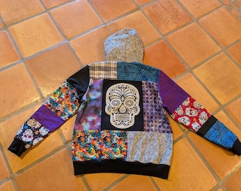 Sugar Skull Custom Patchwork Hoodie, Day of the Dead Pullover, Flannel Lined, Gothic, Calavera Festival Sweatshirt, Cosmic Galaxy Art, M/L