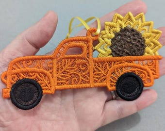 Vintage Truck Ornament, Sunflower Pickup Free Standing Lace Fall Decor, FSL Farmhouse Charm, Autumn Gift Tag, Harvest Door Knob Hanger