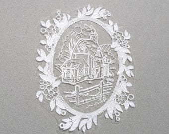 Organza Farmhouse Patch, Embroidered Country Cottage Applique, Sheer Farm Patch, Rustic Barn Candle Mat, Crafting Supply