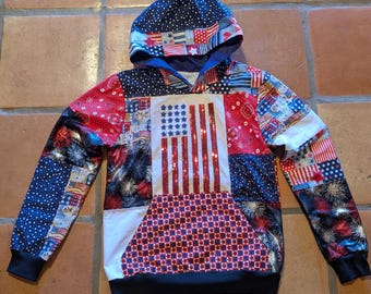 Sudadera con capucha patriótica reciclada, con estampado de bandera brillante y lentejuelas, jersey forrado de franela con los colores de EE. UU. (rojo, blanco y azul), talla XS/S