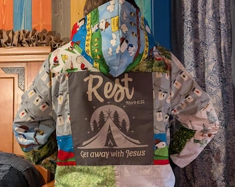 Upcycled Christian Camping Hoodie, Snoopy, Rest Mark 6:31, Embroidered One of a Kind, L